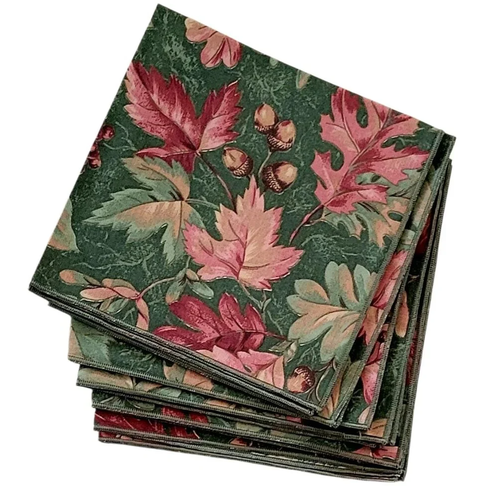 VTG Handmade Autumnal Leaf Print Artisan Oblong Tablecloth and 6 Napkins NEW